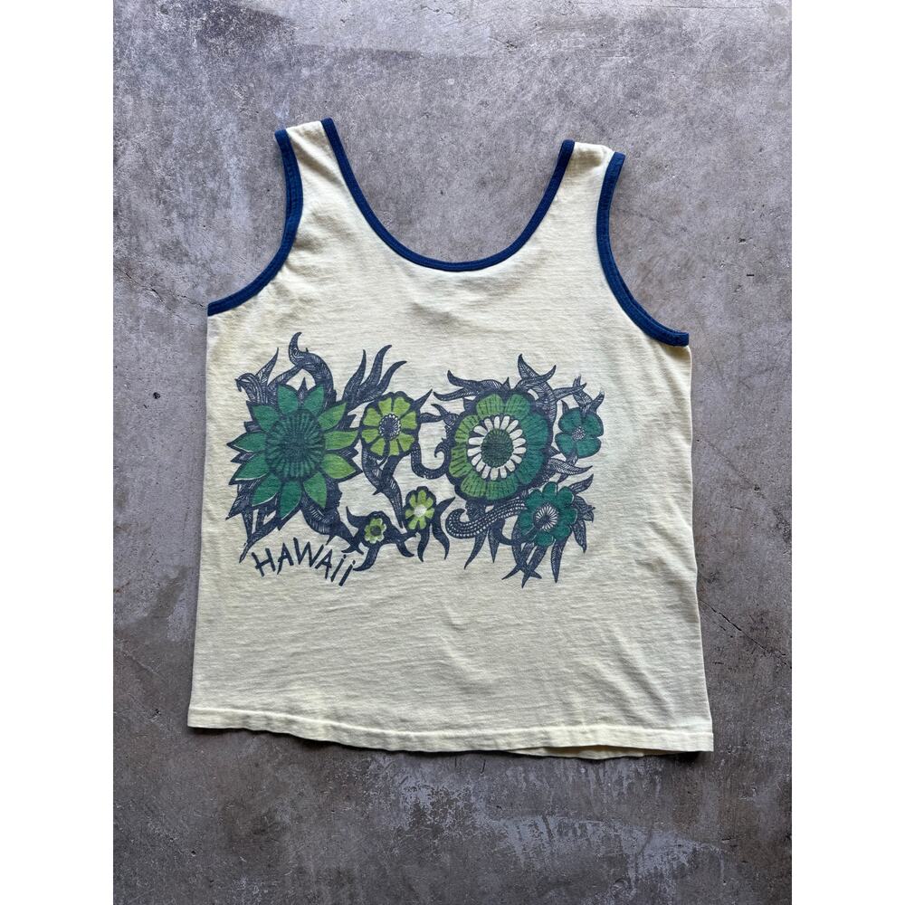 1970s/Early 80s Hawaii Floral Print Yellow/Cream Tanktop Size Medium